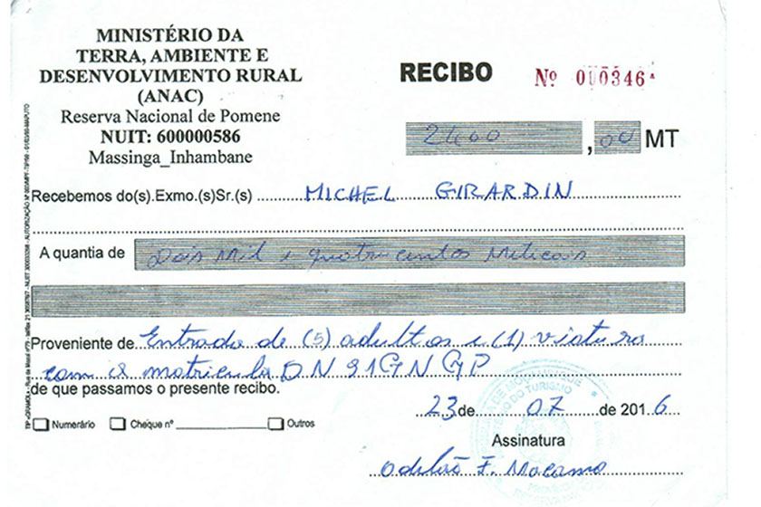 Recibo para a Reserva Nacional de Pomene