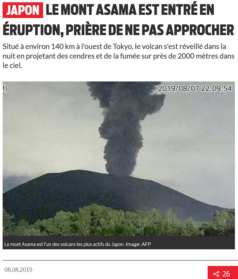 Eruption du mont Asama (Source : lematin.ch)